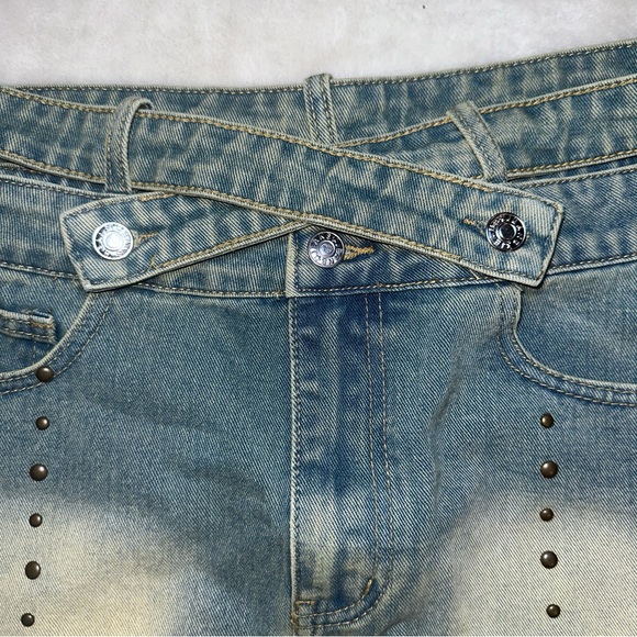 EGO Strappy Waist Belted Studded Mini Skirt In Blue Vintage Washed Denim Size 4 - Picture 7 of 11